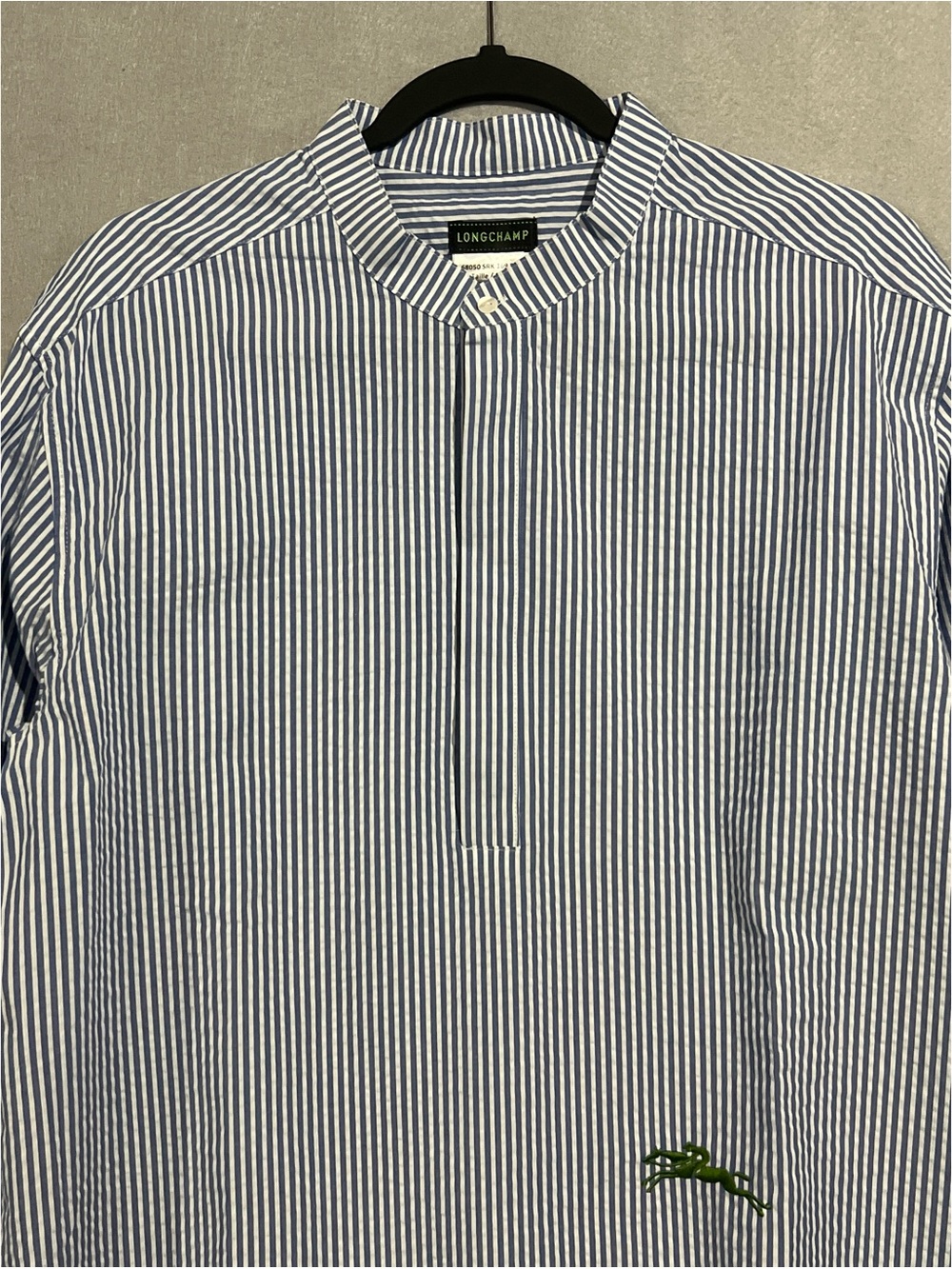 Longchamp Shirt Men’s Large Blue White Vertical Striped Band-Collar Long Sleeve - Picture 4 of 15